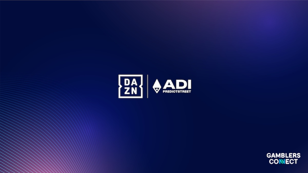 A promotional graphic featuring the white DAZN logo and the ADI PREDICTSTREET logo side-by-side on a dark blue background with glowing purple and blue light lines.