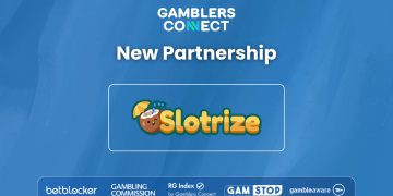 A promotional banner showing the white and green Gamblers Connect logo next to the Slotrize logo