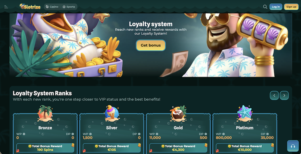 A promotional banner for Slotrize featuring a captain mascot sitting on a deck chair next to a seagull, offering a welcome package of up to €1,500 plus 250 free spins.
