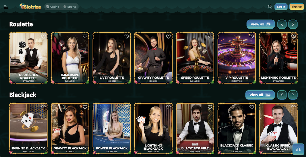 : A grid view of the Slotrize live casino lobby featuring multiple roulette and blackjack tables from Evolution and Iconic21.