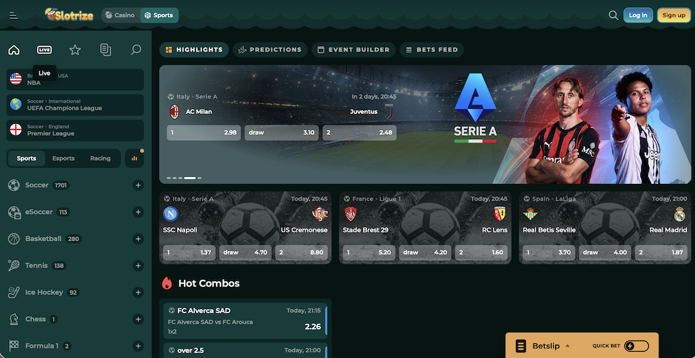 A screenshot of the Slotrize sports betting interface showing a 100% first deposit bonus up to €100 and various upcoming soccer matches.