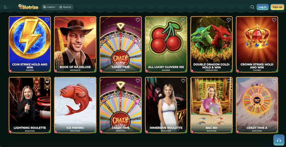 A selection of top-performing slots at Slotrize including Coin Strike, Book of Ra Deluxe, and Crazy Time.