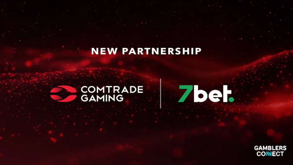 The modern red and black typography of the new Comtrade Gaming and 7bet enterprise software alliance centered on a high-contrast background layout.