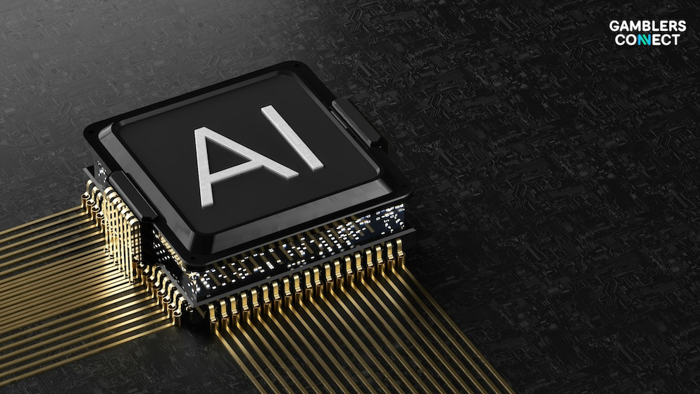 A high-tech black computer processing unit (CPU) displaying an illuminated silver AI emblem, mounted on golden circuit pins.