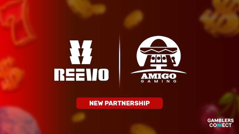 A collaborative digital marketing graphic from REEVO and Amigo Gaming presenting a red backdrop with subtle slot machine motifs.