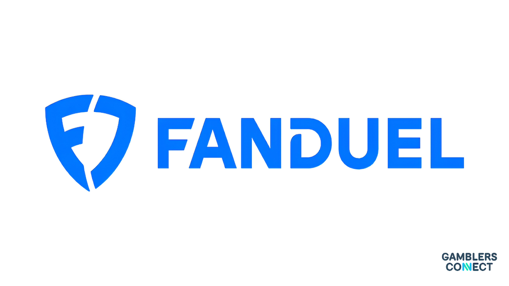 The clean corporate blue typography and shield emblem of the FanDuel digital brand identity over a plain white backdrop layout.