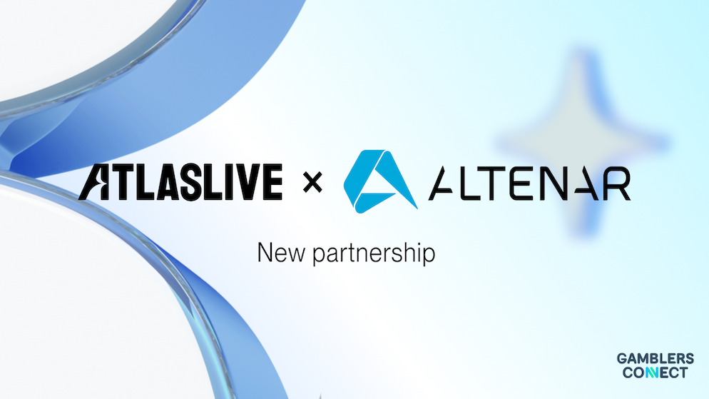 A clean B2B software partnership announcement graphic showing the black text logo of Atlaslive on the left, an X icon, and the black text logo of Altenar on the right, under a light blue abstract curve.