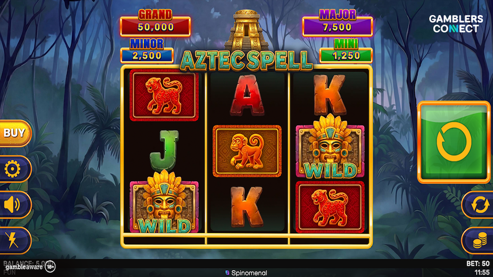 The main gameplay screen of Spinomenal's Aztec Spell Hold and Hit 3x3 slot, showing golden Aztec temple artwork, wild warrior masks, and tiger icons over a dark green jungle background.