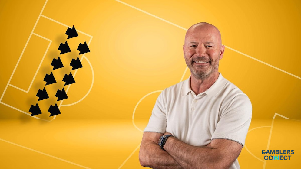 Legendary striker Alan Shearer posing confidently on a solid yellow background layout featuring a technical white graphic outline of a football pitch.