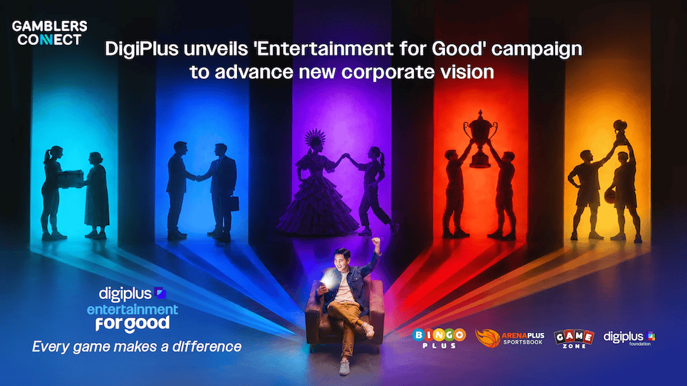 Marketing display showing the BingoPlus, ArenaPlus Sportsbook, GameZone, and DigiPlus Foundation brand assets arrayed beneath an illuminated visual panel.