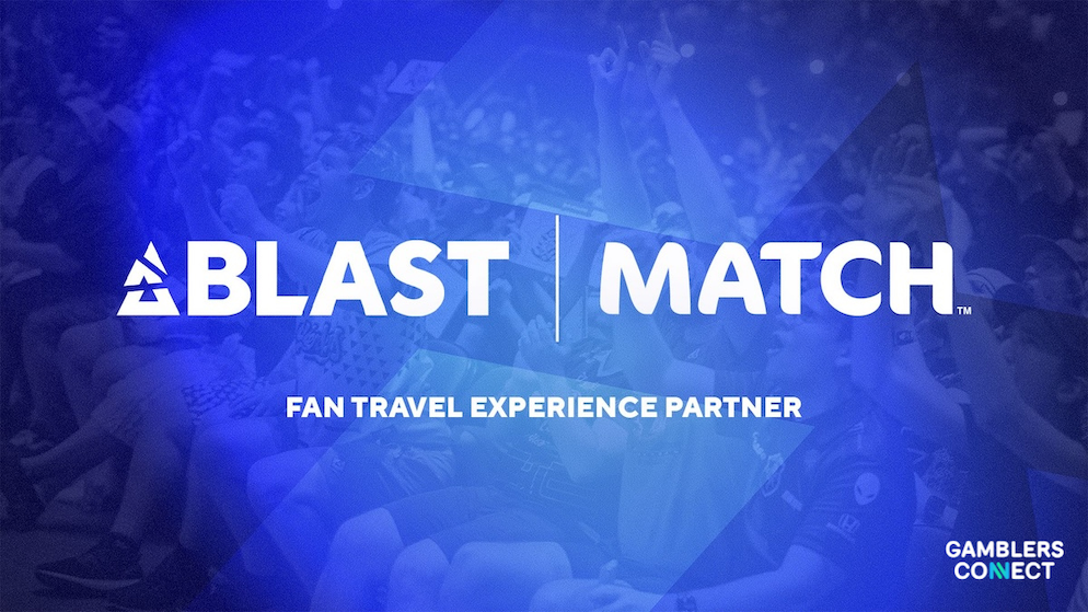 The crisp white collaborative logo branding of the new BLAST and MATCH esports hospitality alliance displayed on a glowing translucent blue stadium backdrop.