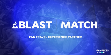 : An official digital marketing graphic displaying a vibrant blue neon overlay of an energetic arena crowd with raised hands, showing the bold white typography logo of BLAST on the left and MATCH on the right, centered over the text Fan Travel Experience Partner.
