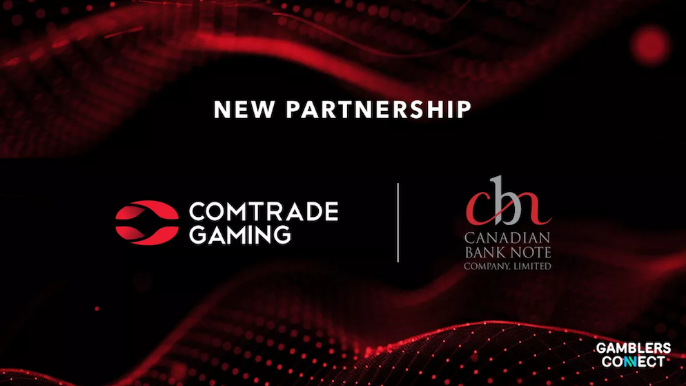 A dark red and black high-tech promotional background layout featuring the official logos of Comtrade Gaming and Canadian Bank Note Company, Limited side by side.