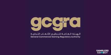 The official corporate brand logo of the General Commercial Gaming Regulatory Authority (GCGRA), displaying the gold acronym gcgra in a modern lowercase font above the matching Arabic and English text reading General Commercial Gaming Regulatory Authority, centered on a deep purple background.