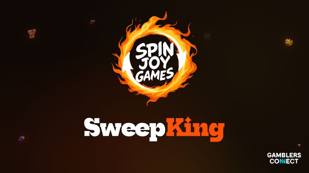 The official collaborative brand logo layout of Spin Joy Games and SweepKing displayed over a professional dark vector background.