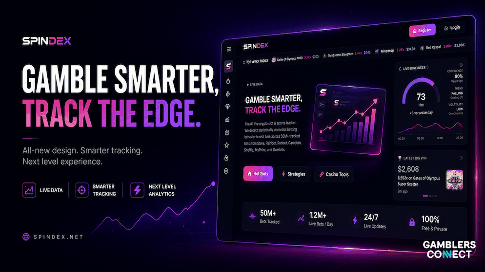 The sleek black and purple interface of the Spindex slot tracking network, showcasing statistical charts and high-multiplier crypto win lists.