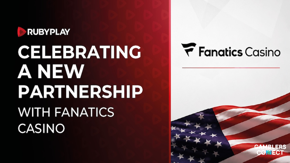 The sleek red and white collaborative brand graphic celebrating the new game integration between RubyPlay and Fanatics Casino over an American flag background graphic canvas.