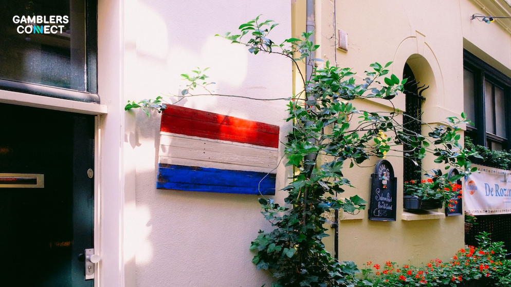 The red, white, and blue colors of the Dutch flag painted onto a rustic wooden panel on a house exterior with green foliage surroundings.