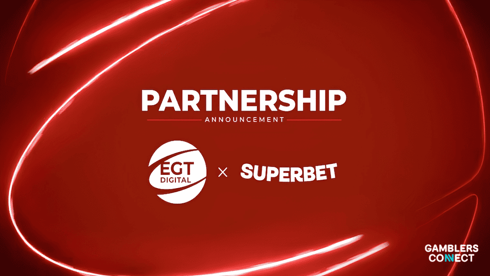 Corporate partnership announcement display featuring the white EGT Digital and Superbet brand logos aligned horizontally over a glowing red abstract fluid background with GamblersConnect branding.