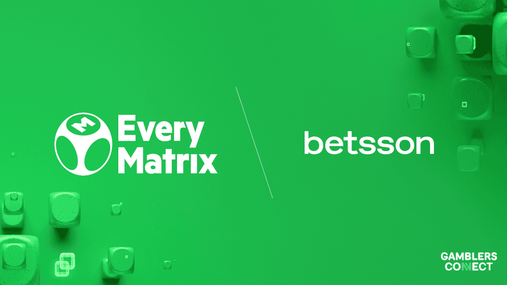 Corporate announcement display highlighting EveryMatrix's 45,000-game aggregation network and its integration with Betsson Group’s licensed brands.