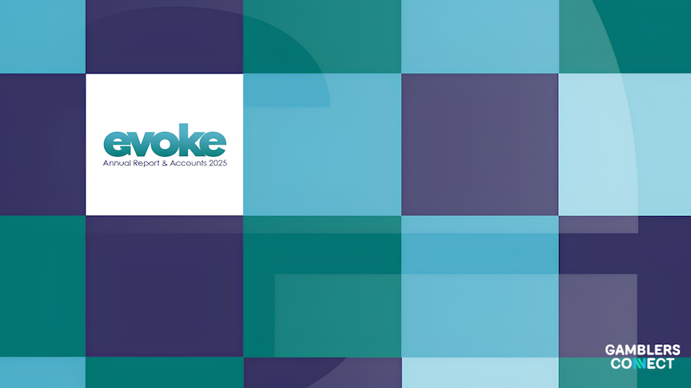 A colorful graphic design consisting of large geometric square tiles in shades of teal, blue, and purple, featuring a white box containing the green corporate text logo reading evoke Annual Report and Accounts 2025.