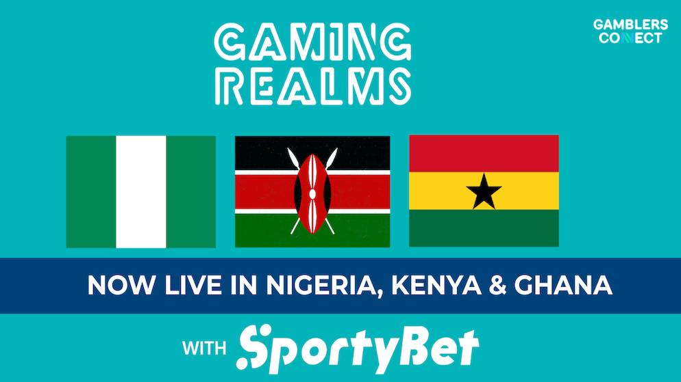 A horizontal promotional graphic showing the national flags of Nigeria, Kenya, and Ghana side-by-side beneath white text reading Gaming Realms Now Live in Nigeria, Kenya and Ghana with SportyBet.