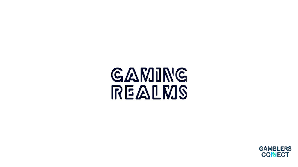 The dark blue modern typography of the Gaming Realms PLC corporate identity centered over a solid white backdrop layout.