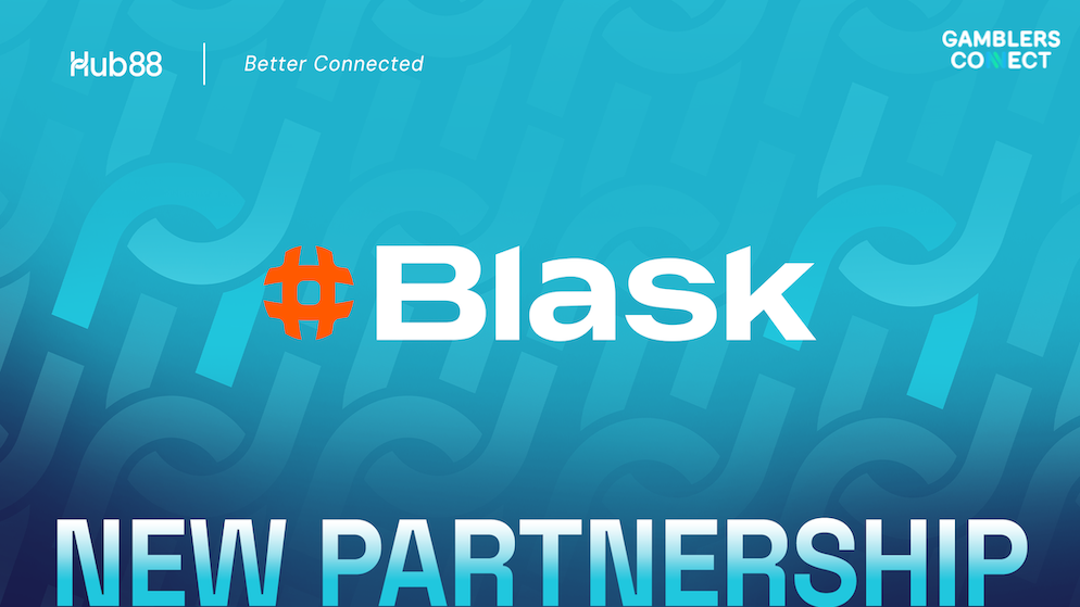 The high-contrast corporate branding layout of the new Blask and Hub88 software partnership displayed on a textured aqua blue background.