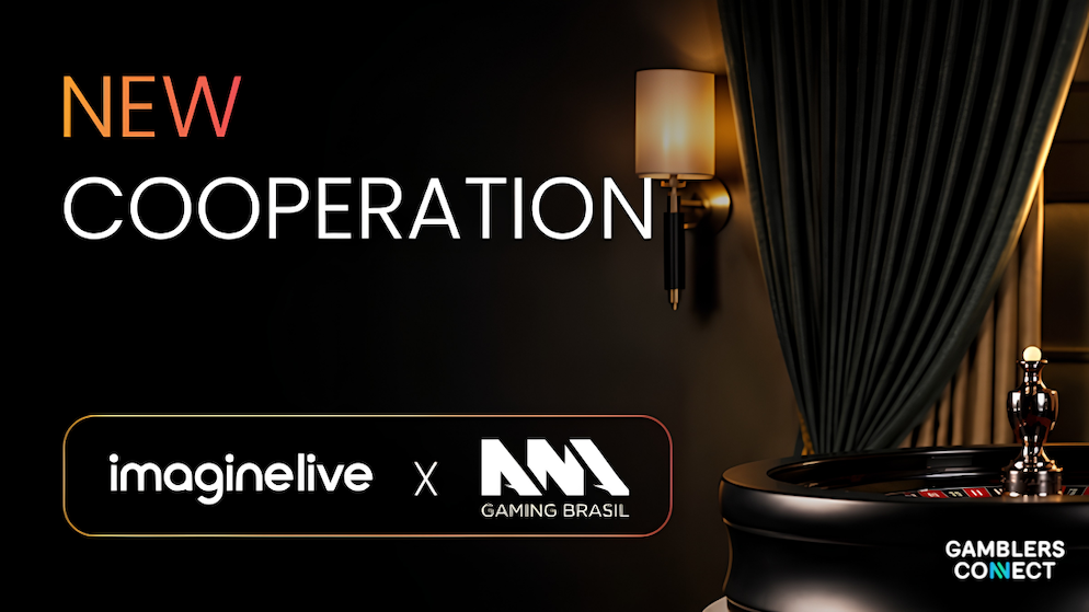 A luxury land-based casino interior banner displaying a high-contrast dark room with a green velvet curtain and a classical desk lamp, showcasing the white text brand marks of Imagine Live and Ana Gaming Brasil enclosed within a golden rectangular card next to a glossy black roulette wheel.