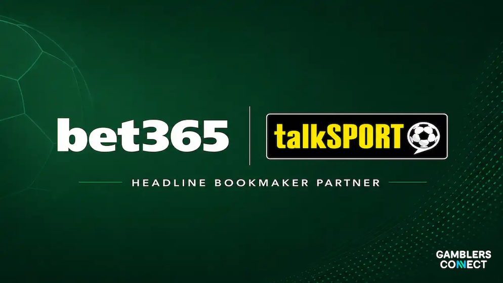 The clean corporate branding layout of the new bet365 and talkSPORT media partnership displayed over a green stadium graphic canvas.