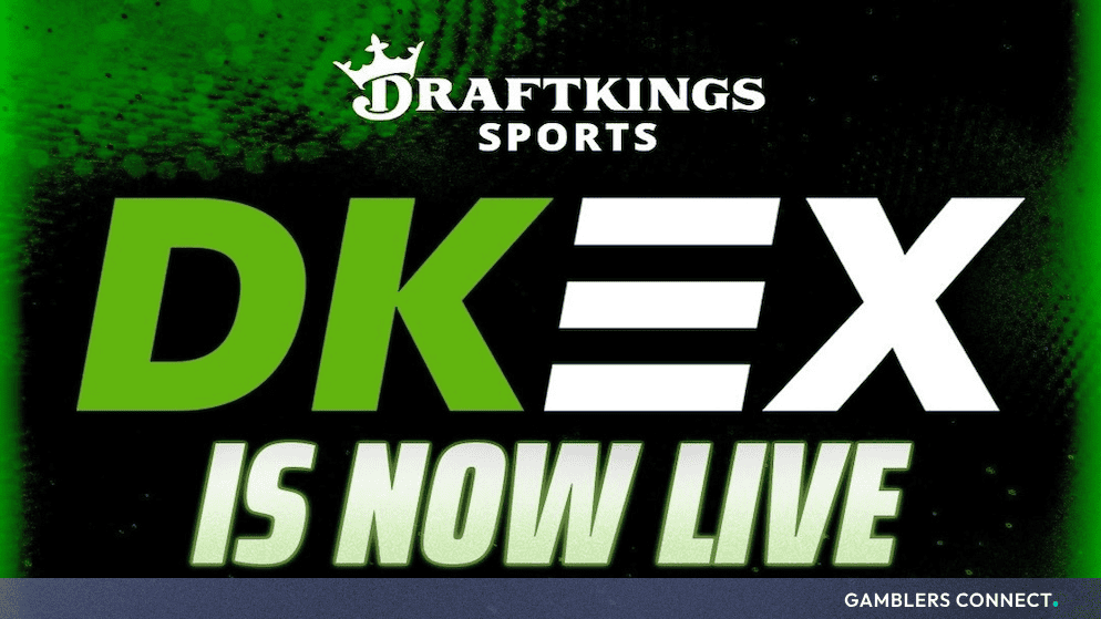 Commercial launch graphic for the DKeX sports prediction exchange within the unified DraftKings application.