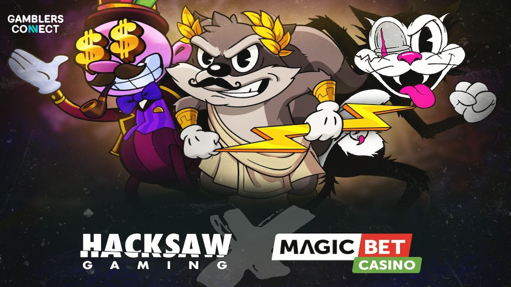 The official collaborative marketing graphic of Hacksaw Gaming and MagicBet Casino featuring animated gaming characters over a dark space background.
