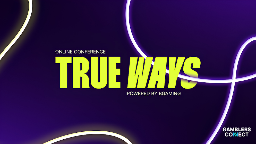 The modern abstract neon-purple and yellow branding graphic for the TRUE WAYS iGaming forum, highlighting next-generation engagement trends.
