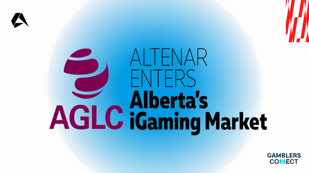 An official corporate marketing banner displaying a central blue glowing halo circle framing the purple text logos of Altenar and the acronym AGLC, next to the bold black text reading ALTENAR ENTERS Alberta’s iGaming Market on a white background.