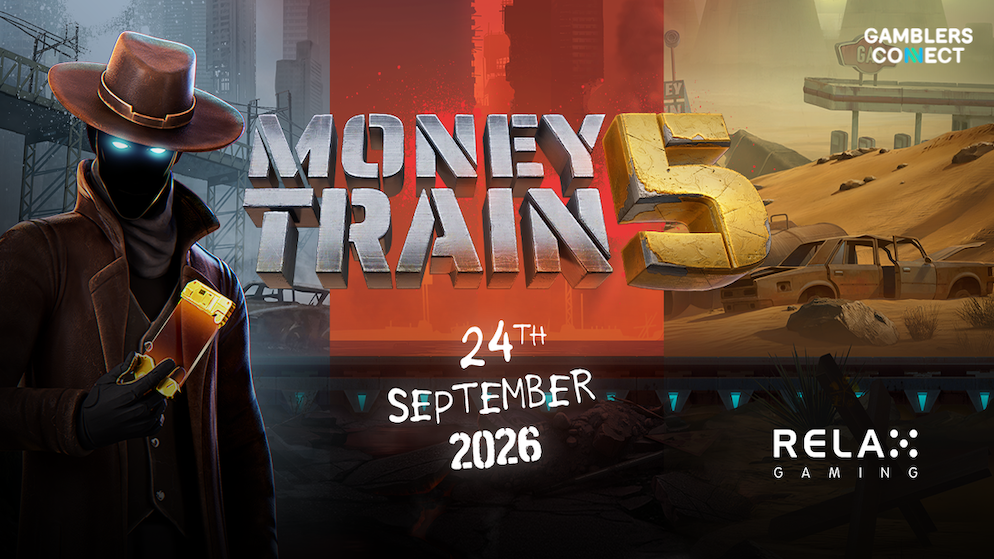 A cinematic promotional banner for the Money Train 5 slot game by Relax Gaming, presenting a mysterious futuristic cowboy character with glowing neon blue eyes on the left, next to bold metallic block lettering reading MONEY TRAIN 5 and the release date September 24, 2026 on a post-apocalyptic desert backdrop.