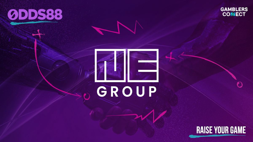 A dark purple B2B marketing graphic displaying the white text logo of NE GROUP in the center, next to neon pink tactical playbook lines and the text logo of Odds88 in the top left corner.
