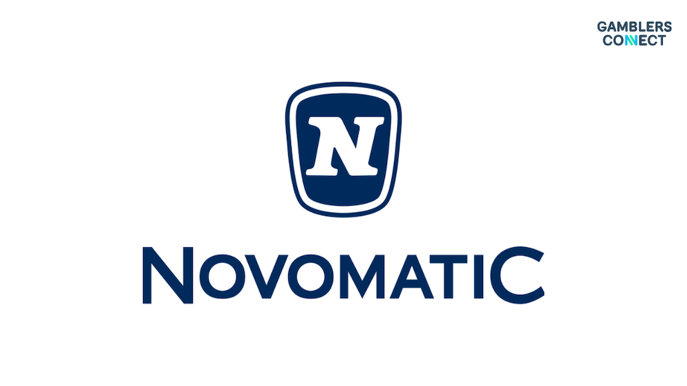 The official blue and white corporate logo of Novomatic, featuring a bold capital letter N contained within a protective shield icon above the clean typography reading NOVOMATIC, centered on a crisp white backdrop.