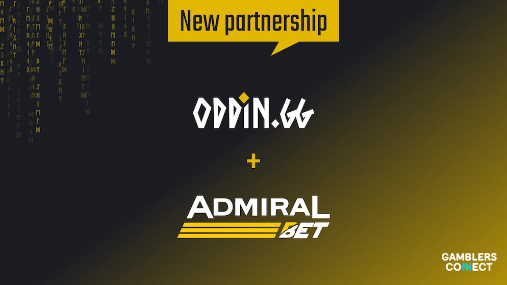 The sleek black and yellow branding design of the new Oddin.gg and AdmiralBet software infrastructure alliance centered on a high contrast layout vector background.