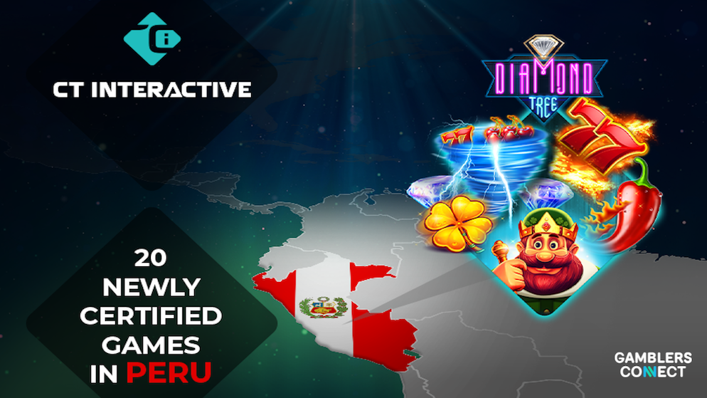 A digital promotional banner presenting colorful slot game graphics including a king character, a tornado, diamonds, a four-leaf clover, and a red chili pepper next to a map of Peru.