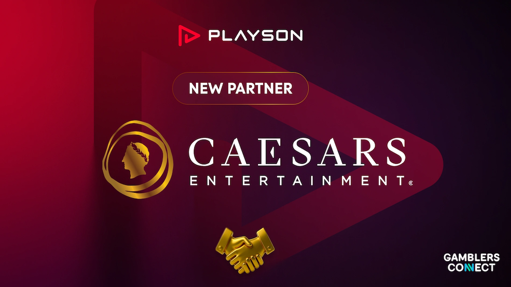 A dark red and gold corporate marketing banner displaying the text NEW PARTNER in the center, between the white logo of Playson on top and the gold laurel logo of Caesars Entertainment on the bottom.