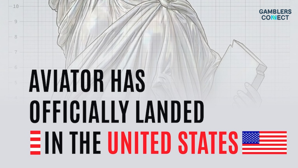 Promotional marketing typography displaying the launch confirmation of the Aviator gaming title in the United States, decorated with red and white bars and the US flag.