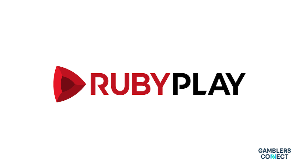 The official red and black corporate identity logo layout of slot design studio RubyPlay centered on a solid white canvas.