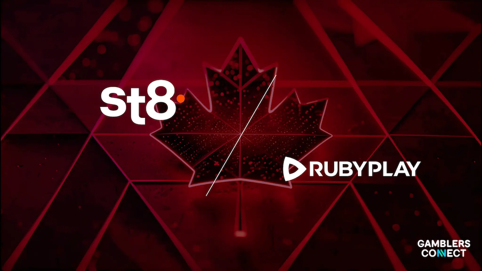 A collaborative promotional banner from St8 and RubyPlay showcasing Canadian theme visual elements with clean tech logo designs over a red backdrop layer.