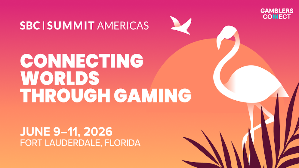 A corporate conference promotional layout for the SBC Summit Americas event featuring sunset-inspired pink, orange, and yellow color gradients with tropical palm leaf silhouettes.