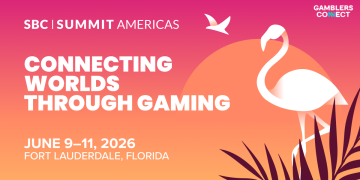 An official bright pink and orange marketing banner for SBC Summit Americas, showcasing the slogan Connecting Worlds Through Gaming next to a minimalist white flamingo and flying bird icon, detailing the event dates June 9–11, 2026, in Fort Lauderdale, Florida.