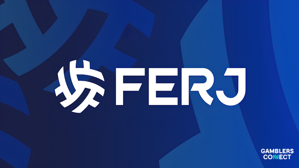 The professional dark blue corporate identity logo layout of the FERJ football federation inside Brazil, displayed on a geometric backdrop.