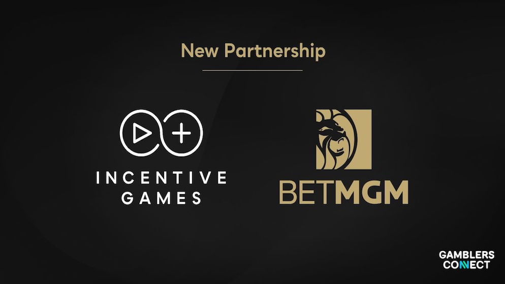 The clean gold and white collaborative brand graphic celebrating the new software integration between Incentive Games and BetMGM over a dark background canvas.