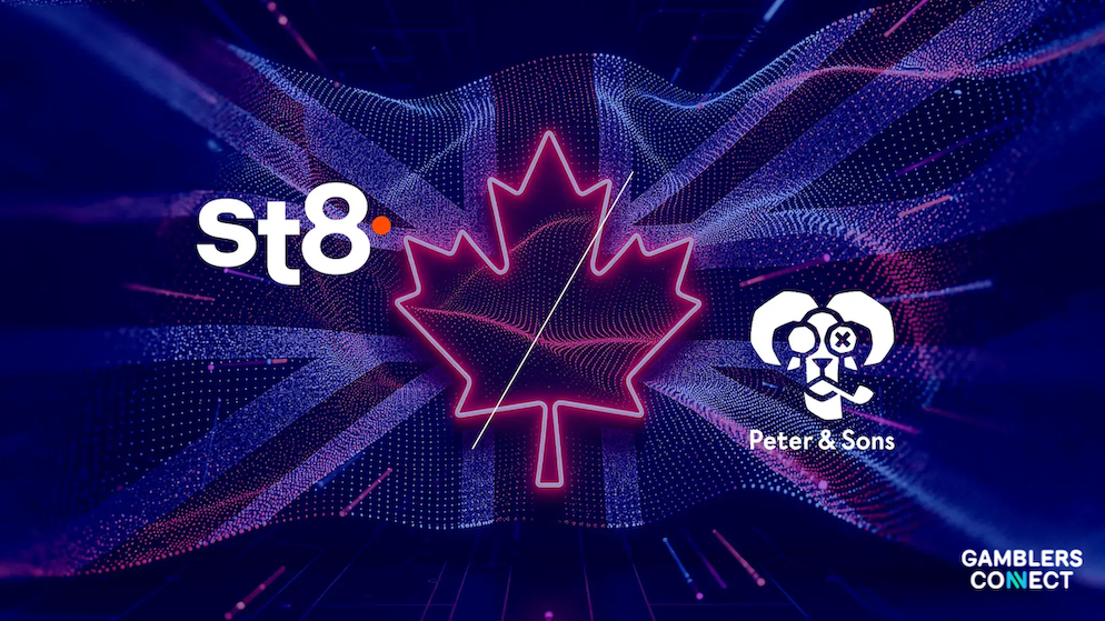 A dark blue digital graphic displaying a neon pink maple leaf emblem in the center, flanked by the white text logo of st8 on the left and the stylized skull logo of Peter & Sons on the right, superimposed over a faint Union Jack flag.