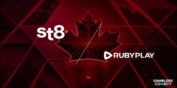 An official corporate branding graphic presenting the text logos of st8 and RUBYPLAY in crisp white typography flanking a stylized, translucent red maple leaf design centered on an abstract geometric background with red triangular grid lines.