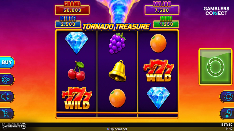 The vibrant orange and purple interface of the new Tornado Treasure digital slot machine, detailing four active jackpot tiers at the top of the interface.